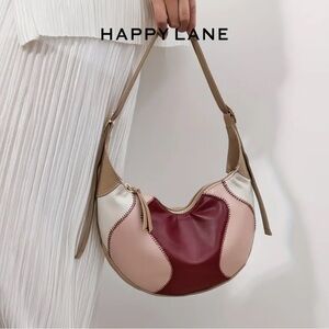 Happy Lane Patchwork Colorblock Crescent Hobo Shoulder Bag Burgundy Pink NIP
